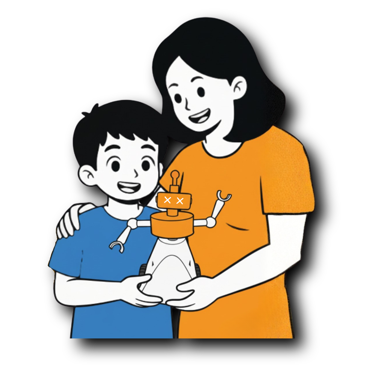 Parent and child holding the robot they built at Jugaad